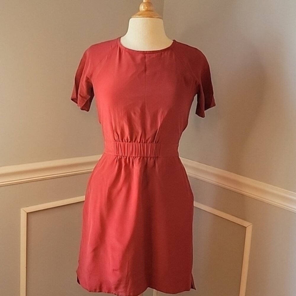 MADEWELL 100% Silk Rust Color Short Sleeve Hi Low Hem Autumn Casual Preppy Dress
